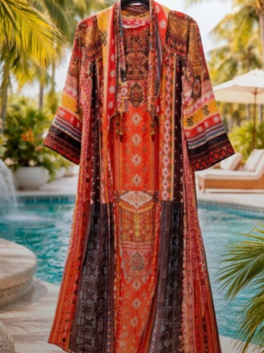 Boho Maxi Kimono Beach Cover Up in Rust Multi - Picture 2 of 10